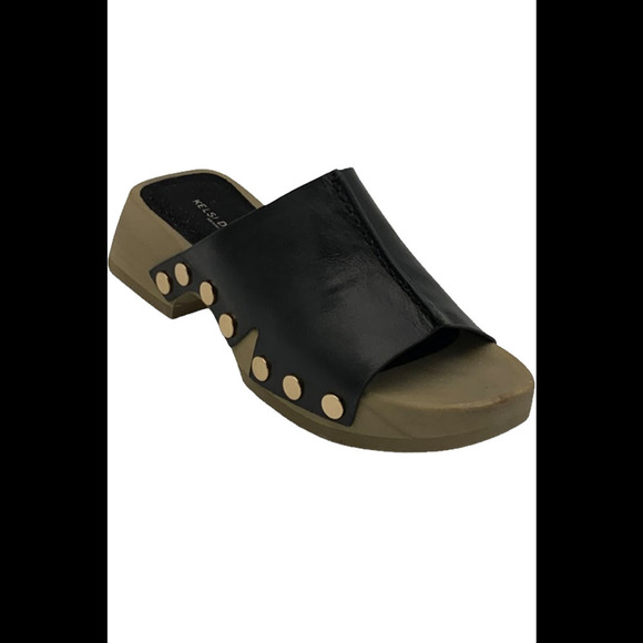 Kelsi Dagger Shoes - Kelsi Dagger Wooden Bottom Leather Mules June Black - Medium